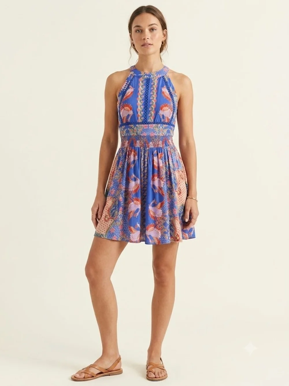 Boho Tropical Halter Mini Dress Smocked Festival Summer XS Dopamine Drip - Picture 4 of 13